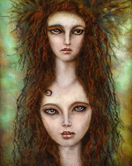Image similar to a beautiful and eerie baroque painting of a gorgeous young woman from vermont, with wild hair and haunted eyes, 1 9 7 0 s, woodland, afternoon light, mixed media embellishments, painterly