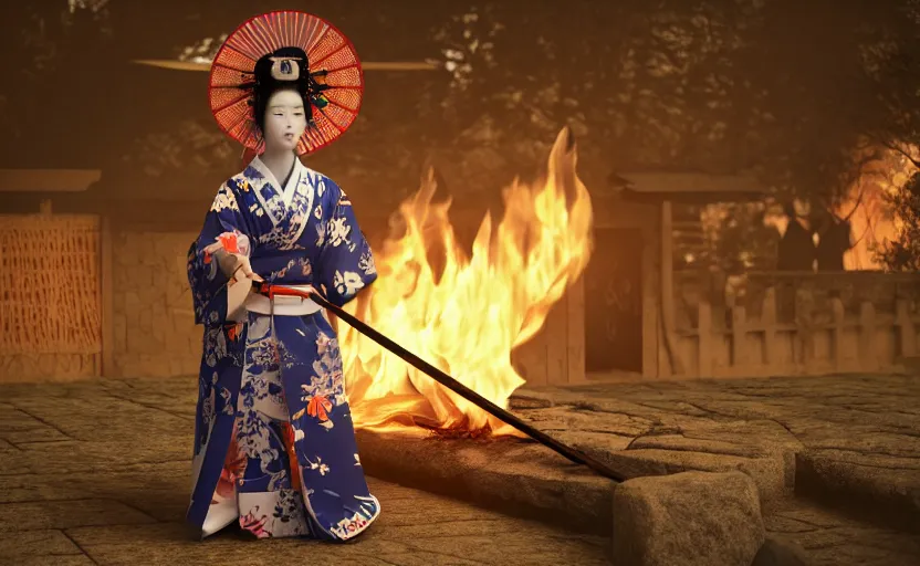 Prompt: highly detailed 3 d render of native japanese masked geisha with sword standing in burning japanese courtyard from sengoku period, fire, surrounded by dense rock formations, blue night, cinematic lighting, photobash, raytracing, high contrast