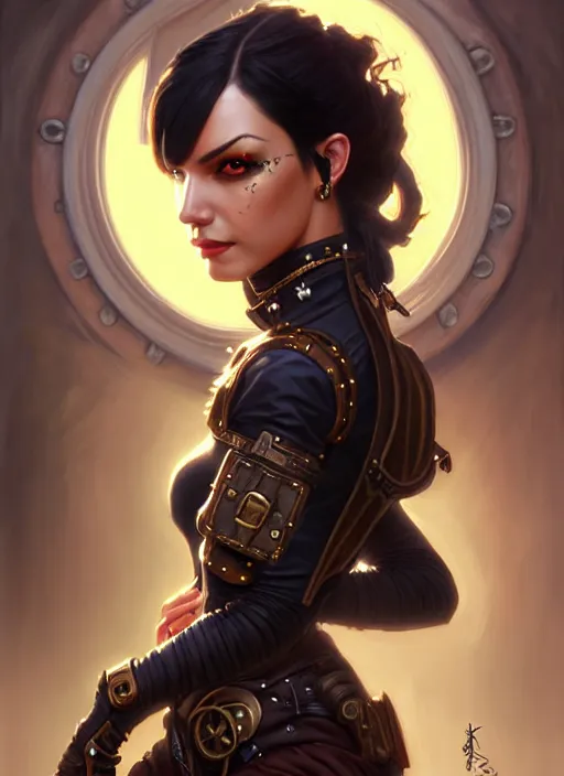 Image similar to a _ fantasy _ style _ portrait _ painting _ of steampunk woman, ponytail black hair, round face, rpg dnd oil _ painting _ unreal _ 5 _ daz. _ rpg _ portrait _ extremely _ detailed _ artgerm _ greg _ rutkowski _ greg