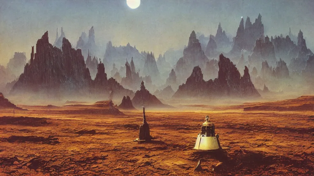 Image similar to emissary space by arthur haas and bruce pennington and john schoenherr, cinematic matte painting, photo realism, dark color palate, mountainscape