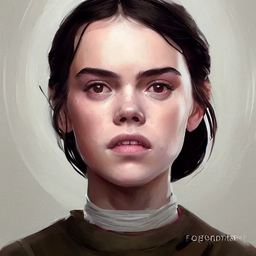 Prompt: portrait of a girl by greg rutkowski, she looks like daisy ridley, star wars expanded universe, she is about 2 0 years old, wearing a jumper overall, curious but somewhat annoying attitude, highly detailed portrait, digital painting, artstation, concept art, smooth, sharp foccus ilustration, artstation hq