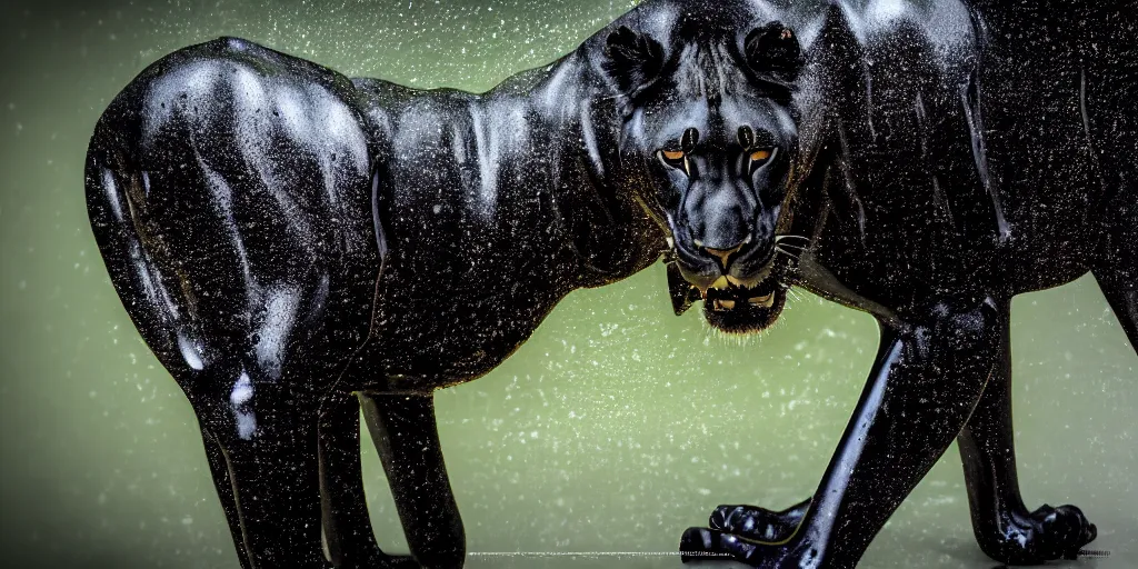 Image similar to the smooth black lioness, made of smooth black goo, in the zoo exhibit, viscous, sticky, full of black goo, covered with black goo, splattered black goo, dripping black goo, dripping goo, splattered goo, sticky black goo. photography, dslr, reflections, black goo, zoo, exhibit, raytraced, unreal engine 5