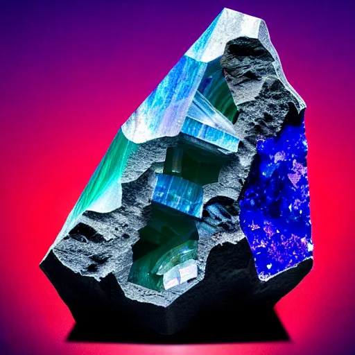 Image similar to a mineral rock, in a dark studio room, vaporwave theme. Photography of rare minerals. Tanzanite, Red Beryl, Bixbite, Red Emerald, Scarlet Emerald, Opal, Quartz, Elbaite, Calcite, Kunzite. in the style of artgerm.