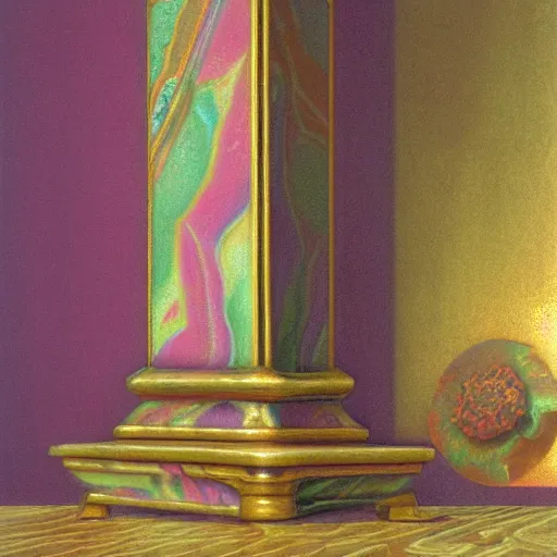 Prompt: still life renaissance pastel painting of a room with a marbled pedestal displaying an ancient holy artifact lotus, chromed and ornate with gentle iridescent shine from within. perspective from the side. realistic light and shadows. moody final fantasy concept art