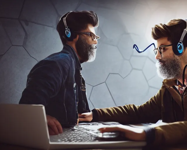 Prompt: hipster wearing headset at computer, white-beard, epic action cinematic, 4k, hyper realistic, super detailed, colorful accents, golden ratio, symmetrical face, highly detailed professional photo, centered, rim lights, vray caustics, atmospheric