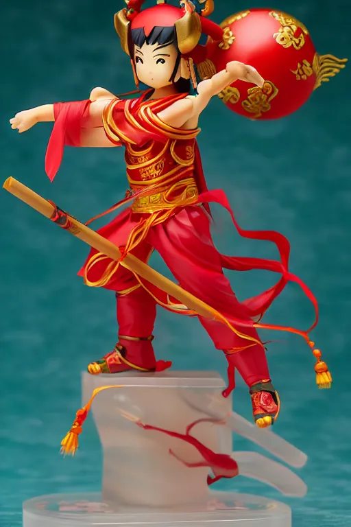 Image similar to arty chinese mythology ne zha nendoroid full body hyperdetalied, hero action pose, osamu tezuka, macoto takahashi, chibi, q posket, 8 k realistic, 3 d, cryengine, exquisite, red cloth around his shoulders, hold spear, ne zha ( 2 0 1 9 ), fenghua zhong,