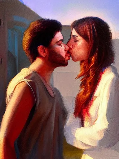 Image similar to masterpiece painting by salman toor, of a solo individual portrait of a guy and a girl kissing, cinematic light, renaissance, atmospheric effects, artstation