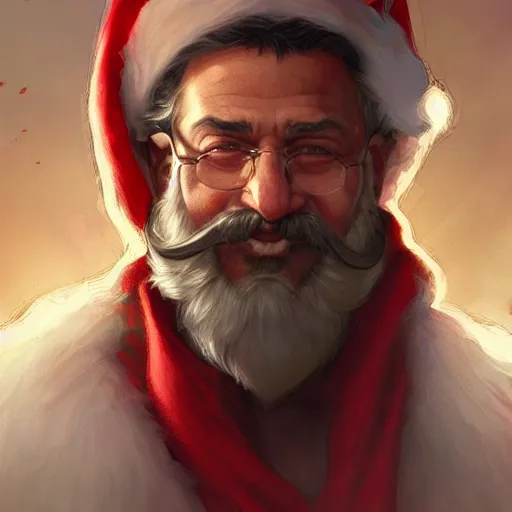 Prompt: Hanif Bali as Santa Claus, closeup, D&D, fantasy, intricate, elegant, highly detailed, digital painting, artstation, concept art, matte, sharp focus, illustration, hearthstone, art by Artgerm and Greg Rutkowski and Alphonse Mucha