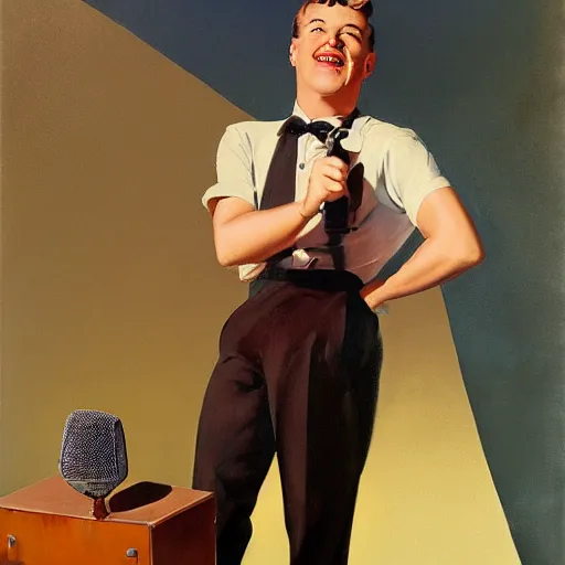 Prompt: painting of a 1950s dressed man smiling into a retro microphone by Gil Elvgren