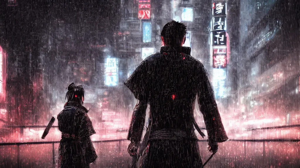 Prompt: a samurai in a cyberpunk world, raining, digital art, photorealistic, 4k, reflections,