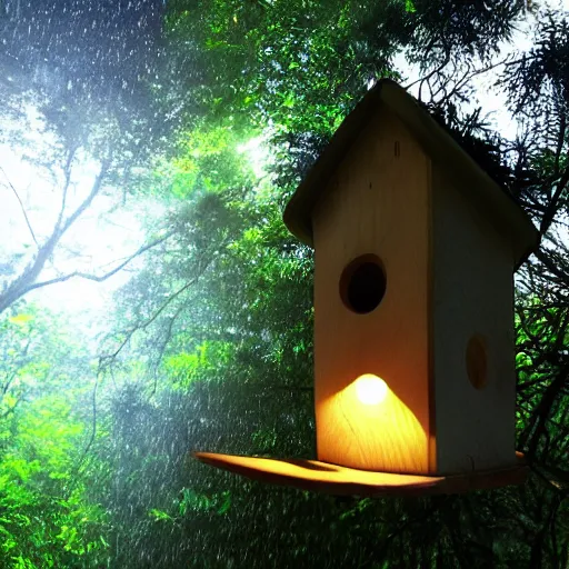 Image similar to wooden birdhouse in a tree in the rain forest, mushrooms and leaves on the birdhouse, mushrooms, dense rain forest, backlit, realistic, beautiful lighting