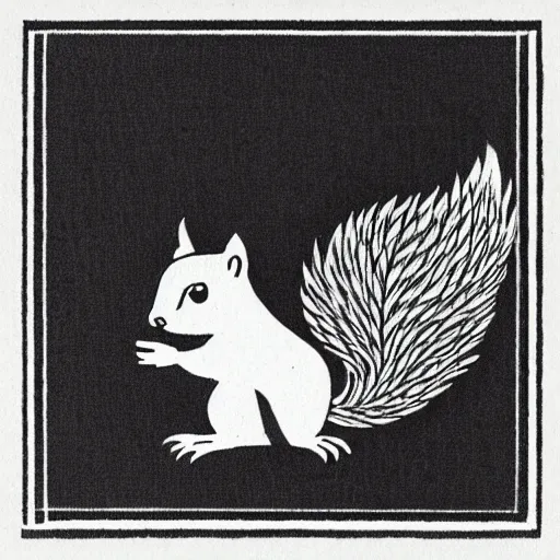 Prompt: squirrel, cute, block print, simple stylized, black ink on white paper