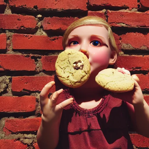 Image similar to plastic doll with giant realistic hands eating a cookie sitting on brick wall, garden background, sky, photo, hd