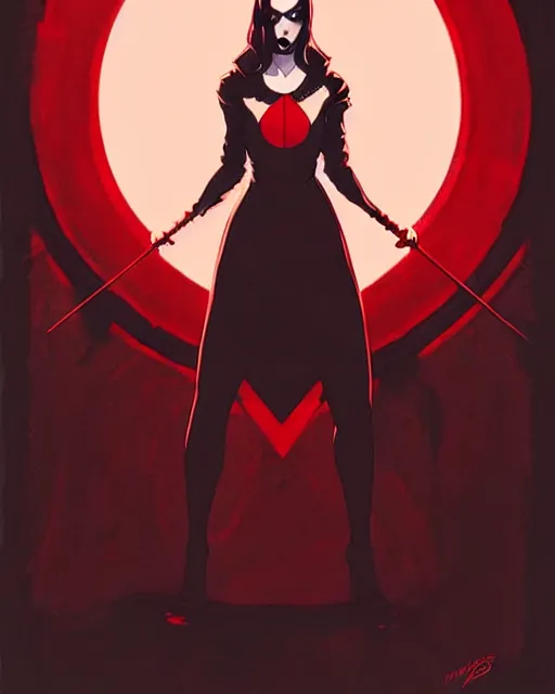 Image similar to rafael albuquerque comic art, peter mohrbacher, phil noto, artgerm, pretty evil elizabeth olson witch, black and red dress, symmetrical eyes