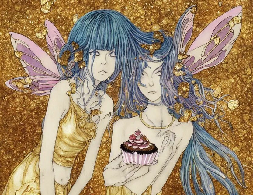 Prompt: faerie spirit of cupcakes, lost in a liminal space. this watercolor and gold leaf work by the award - winning mangaka has a beautiful composition and intricate details.