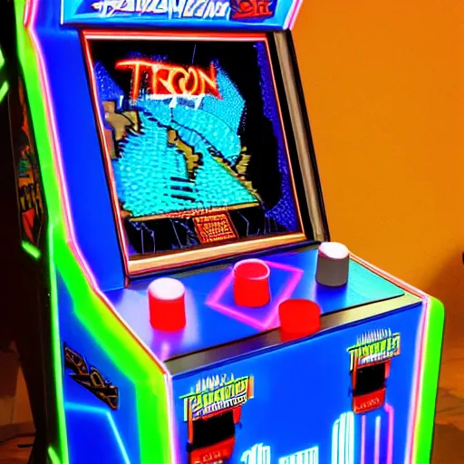 Prompt: a realistic detailed photograph of a 1 9 8 0 s arcade game cabinet of tron