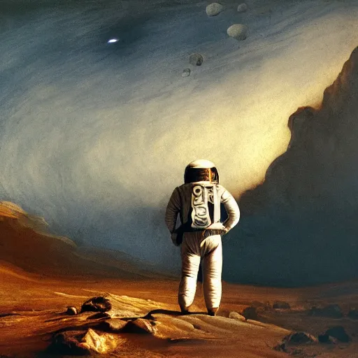 Prompt: astronaut standing on the surface of mars, looking at the turbulent sky on the horizon as painted by caravaggio as painted by turner, high detail 8 k render