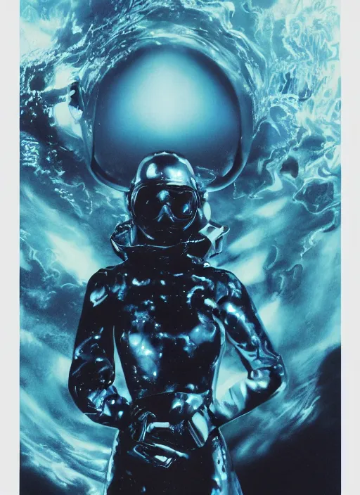 Image similar to hybrid alexander mcqueen astronaut in dark void underwater - complex and fashionable hybrid suit dress design. reflection and dispersion materials. rays and dispersion of light. volumetric light. f / 3 2. flash photography. ultra realistic, 5 0 mm. poster by wayne barlowe, hajime sorayama, aaron horkey, craig mullins