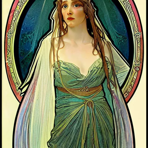 Image similar to Galadriel painted by Alphonse Mucha, james gurney