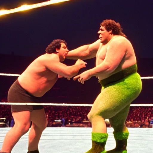 Image similar to shrek vs andre the giant at wrestlemania 8, dramatic lighting, 8k