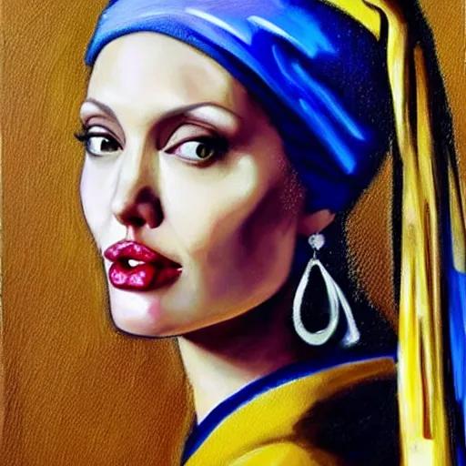 Image similar to a beautiful oil painting of angelina jolie as the girl with a pearl earring