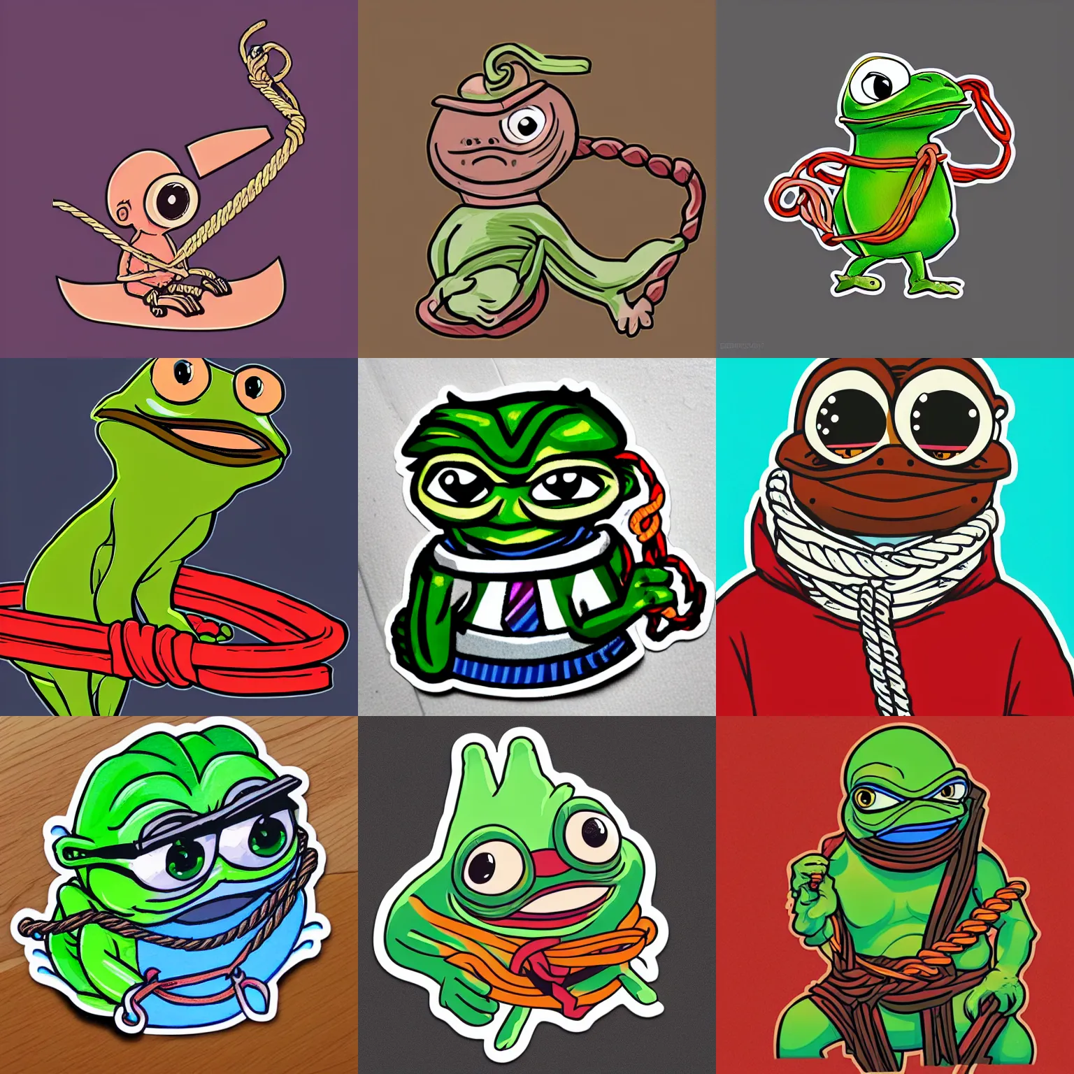 Image similar to a sticker illustration of pepe with a rope, highly detailed, carefully drawn, meme, artstation, artstationHQ, artstationHD, behance