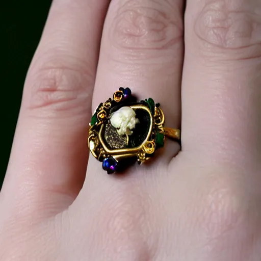 Prompt: complex golden ring with cameo and gems on the female model hand eith bust, 8k, details, architect plan