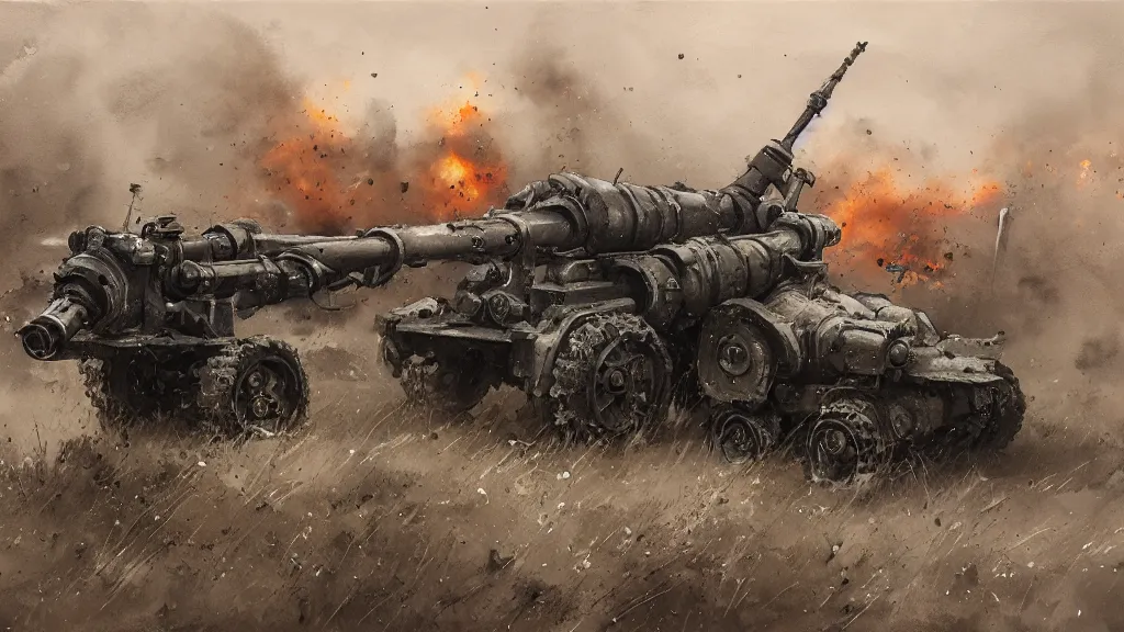 Prompt: closeup of howitzer cannon ww 2, watercolored, jakub rozalski, dark colours, dieselpunk, high quality, artstation