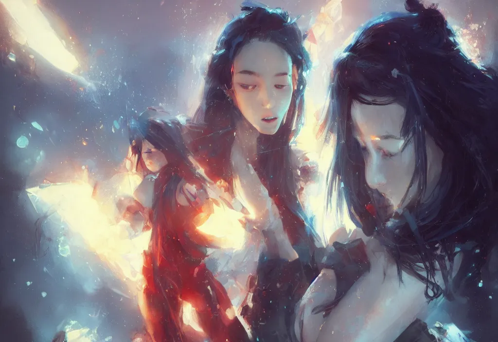 Prompt: full body portrait of a duo of 2 0 years old girl figures, messy hair, oriental tattoos, wearing dark tailored suits, beautiful, dramatic, cinematic lighting, phtalo blue, lemon, fire red, few vivid highlights, by greg rutkowski and jeremy mann and guweiz, oil on canvas, artstation, pixiv