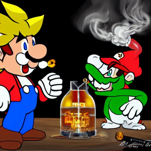Prompt: Bowser smoking a bong with Mario, dramatic 8k digital art, make a Bowser not another Mario or something. Bowser Bowser smoking a bong with Mario