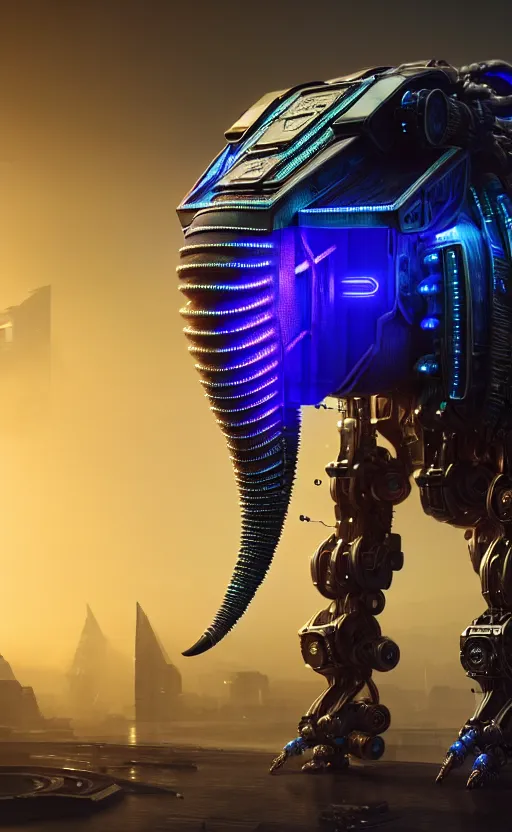 Prompt: hyper realistic and higly detailed photo of a cyberpunk mech elephant. intricate, wiring, electronic components, color diodes. volumetric light. professional digital art, lotr style, extremly detailed, trending on artstation, stuning, octane render, unreal engine 5, 8 k rendering.