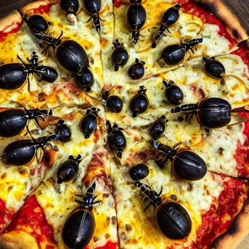 Prompt: a close up shot of a new york style pizza with a nest of yellow and black wasps on top, extremely realistic, very crisp details, photo realistic, trending on instagram, soft colors