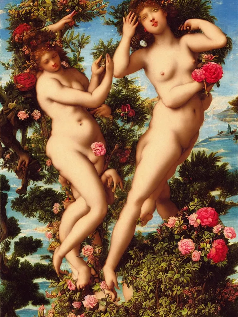 Prompt: african aphrodite, goddess of love : : the birth of venus : : background of roses, myrtle, doves : : rococo, academicism