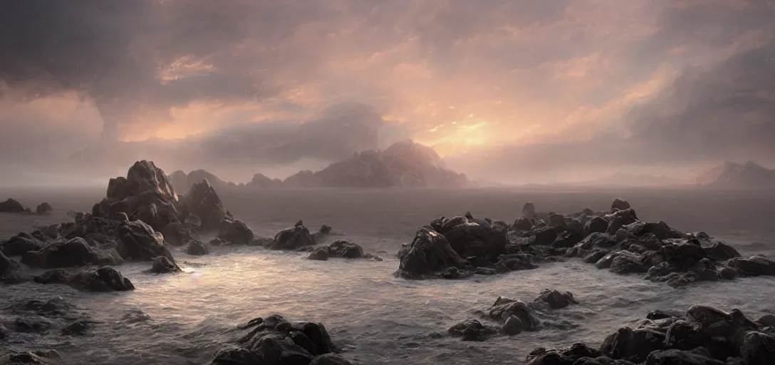 Image similar to octane render uhd, 8 k art photography, filmic lighting, cinematic art shot, hyperrealistic, hyperdetailed, super detailed, 8 k, high resolution, vast dark granite landscape with mysterious strangle glowing crystalline structure made of white rocks in the far distance, particle simulation, painting by ross tran and ivan aivazovsky, black water, sunset