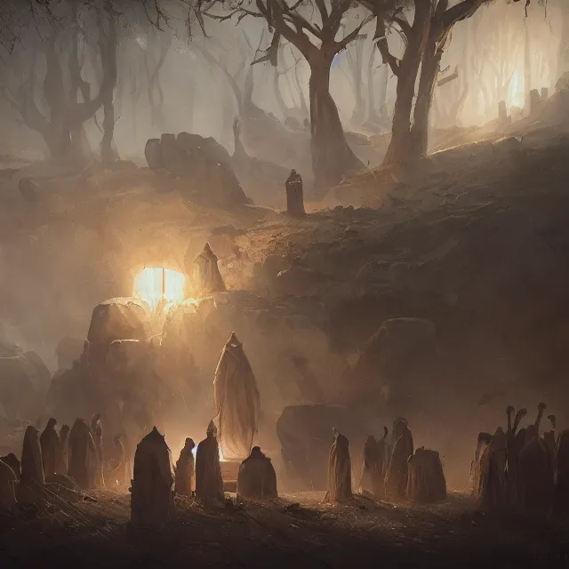 Image similar to a painting of a stone age funeral by greg rutkowski, dark fantasy art, high detail, trending on artstation