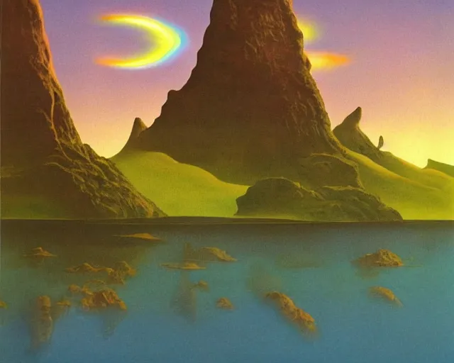 Image similar to roger dean 1 9 8 0 s art of distant mountains strange bizarre alien planet surface lakes reflective clear blue water, rainbow in sky, imagery, illustration art, album art