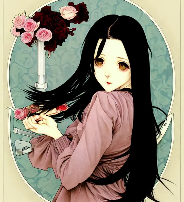 Image similar to portrait of a morbid 18 year old young woman wearing a cottage-core aesthetic dress with straight silky black hair, in a butcher shop, queen of sharp razor blades, in the style of Range Murata and by Alphonse Mucha and by Katsuhiro Otomo.