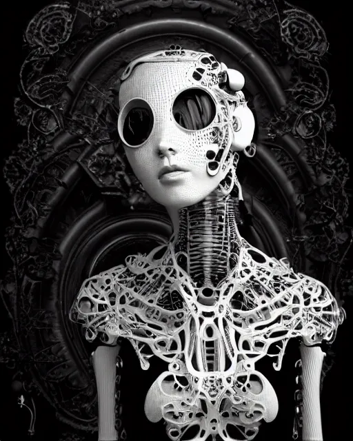 Image similar to black and white dreamy foggy profile face portrait, one steampunk eye biomechanical beautiful young female cyclope - cyborg - robot bust, body ribs meshes,, volumetric light, hibiscus flowers, by hg giger, rim light, by dora maar and cecile beaton, big gothic fashion pearl embroidered collar, 8 k