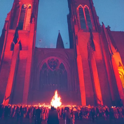 Image similar to A dark cathedral made up of red sandstone lit up by a torches. In the middle of the cathedral is a bonfire surrounded by cultists in red hoods. Their backs facing towards the camera.