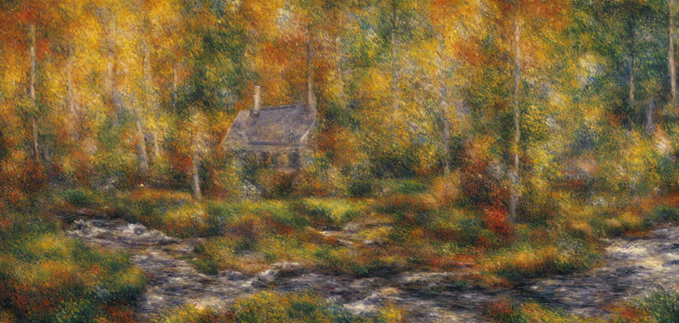 Image similar to a painting of sparse stone cottages underneath a dense forest, with a cascading river and pristine reflect. gorgeous, elegant, sophisticated, an ultrafine painting, intricate brused strokes, bright depth oil colors, by renoir and araken alcantara, mist diffuse promiseful illumination, autumn sunrise warm light, detailed and intricate environment of hopeful bodyscapes