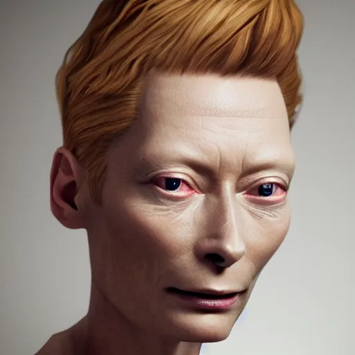 Prompt: beautiful gorgeous tilda swinton sitting at her desk in bedroom, gaming pc, rgb led, soft face, dslr, wlop, ultra realistic, perfect lighting, high contrast, illustration, bokeh, sharp details, hasselblad, detailed, trending on artstation