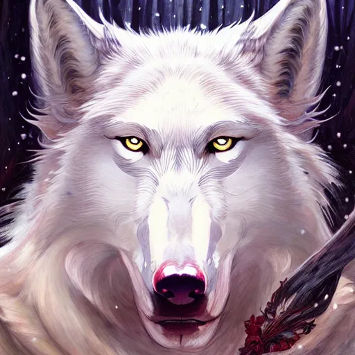 Image similar to Portrait of Princess Mononoke surrounded by white wolves, face, fantasy, intricate, elegant, highly detailed, digital painting, artstation, concept art, smooth, sharp focus, illustration, art by Fernanda Suarez and Artem Demura and alphonse mucha