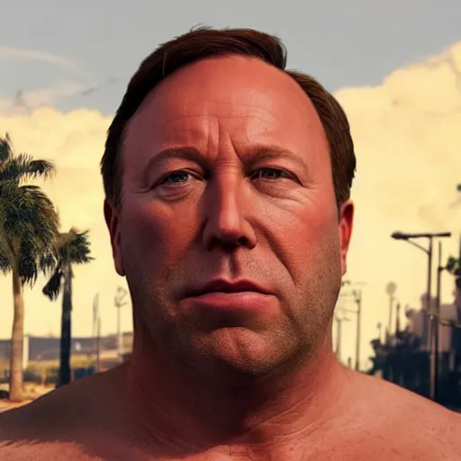 Image similar to hyperrealistic mixed media image of info wars alex jones wearing a bikini and wielding a handgun in gta v, stunning 3 d render inspired art by xiang duan and thomas eakes and greg rutkowski, perfect facial symmetry, hyper realistic texture, realistic, highly detailed attributes and atmosphere, dim volumetric cinematic lighting, 8 k octane detailed render, post - processing, masterpiece,