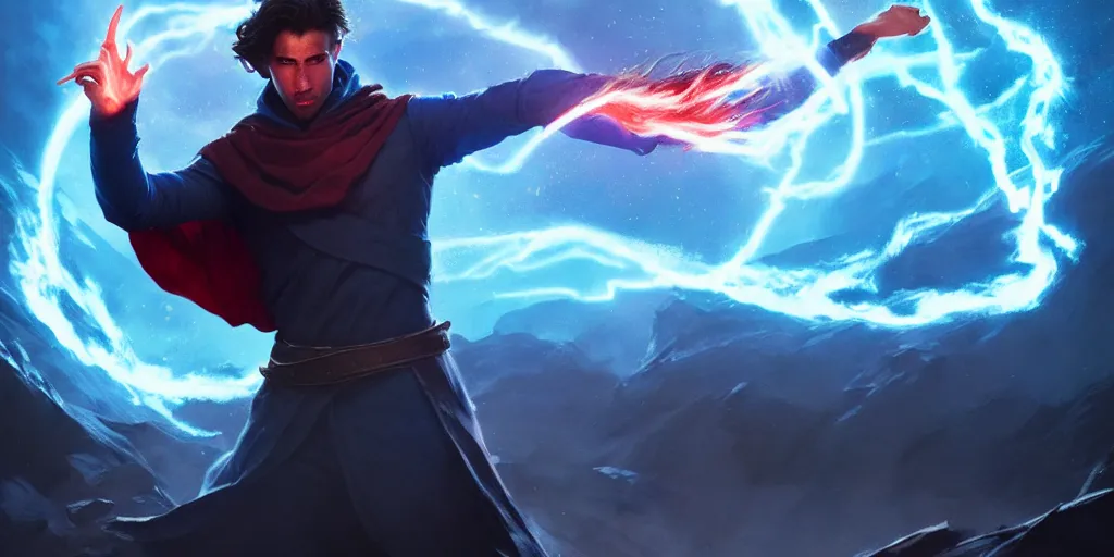 Prompt: epic scene of a handsome brown haired male sorcerer he is casting a blue and red spell that is emanating from his hands, heroic pose, medium shot, waist up, epic composition, post processing, cinematic poster, trending on artstation, by greg rutkowski
