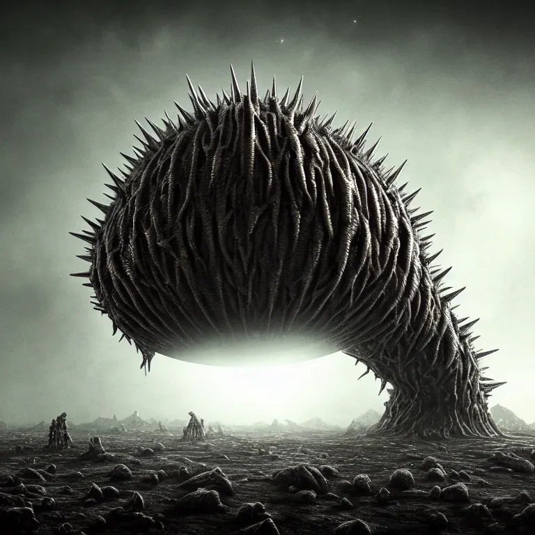 Prompt: ribbed surreal abandoned alien spaceship on exoplanet, covered in with spikes, in a desolate empty wasteland, creepy, nightmare, dream-like heavy atmosphere, surreal abandoned buildings, beautiful detailed intricate insanely detailed octane render trending on Artstation, 8K artistic photography, photorealistic, chiaroscuro, Raphael, Caravaggio, Beksinski, Giger