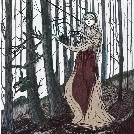 Prompt: In the conceptual art Vasilisa can be seen standing in the forest, surrounded by animals. She is holding a basket of flowers in one hand and a spindle in the other. Her face is turned towards the viewer, with a gentle expression. In the background, the forest is depicted as a dark and mysterious place. light, face paint by Junji Ito