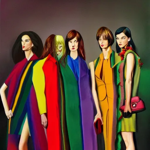 Image similar to 1970 lgbt fashion, gucci catwalk, oil painting, digital art, ultradetailed, artstation