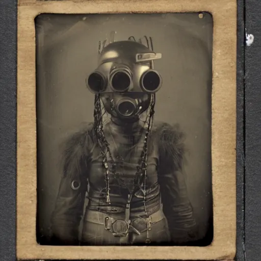 Image similar to tintype photographs of techno shamans, telepaths, dieselpunk cyborgs, masked heroes, irradiated humans, mystic mutates and monster hunters