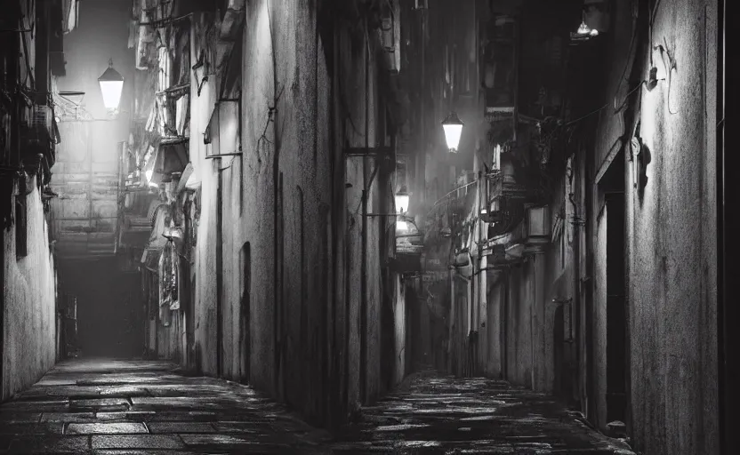 Image similar to dim lit, hongkong dark alley street with a man walking, depth of field, very atmospheric, matte painting, artstation