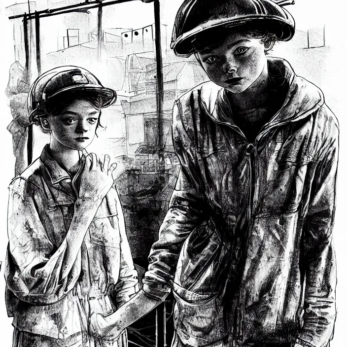 Prompt: sadie sink in dirty workmen clothes waves goodbye to workmen. background : factory, dirty, polluted. technique : black and white pencil and ink. by gabriel hardman, joe alves, chris bonura. cinematic atmosphere, detailed and intricate, perfect anatomy